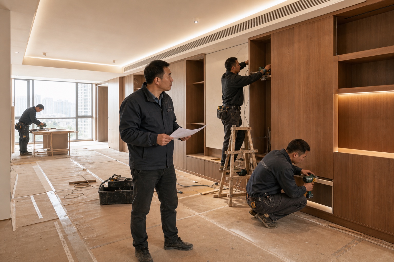 喜装喜筑装修施工现场，项目团队正在进行柜体安装与交付巡检