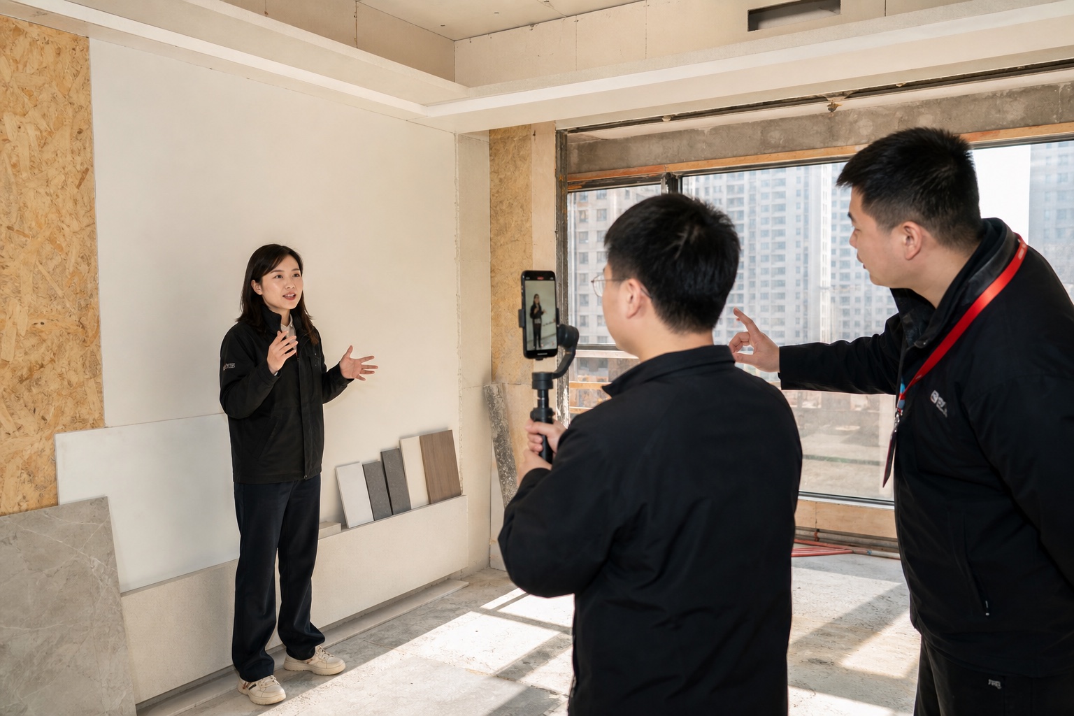 装修建材企业团队在真实工地学习短视频拍摄